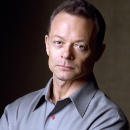 description: a headshot of gary sinise, looking serious and contemplative, with his arms crossed.