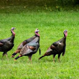 description: a group of turkeys roaming freely in a grassy field.