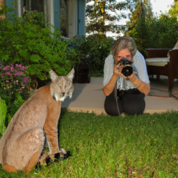 A woman takes a photo of a lynx that is sitting a few feet away from her in her backyard. The lynx looks directly at the camera and appears calm and relaxed.