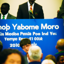 a man with a big smile on his face, wearing a suit and tie, stands at a podium with a microphone in front of him. behind him is a large banner that reads "yemi mobolade for mayor". the crowd gathered around him is diverse, with people of all ages and backgrounds. some are holding signs that read "we support yemi" and "together we can".