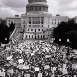 A black and white image of the U.S. Capitol building surrounded by a large crowd of people holding signs and flags.