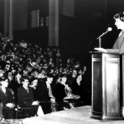 description (anonymous): a black and white photograph depicting a woman speaking passionately at a podium in front of a diverse crowd. her gestures and facial expressions convey determination and conviction. the audience consists of both men and women, representing a range of ages and ethnicities, captivated by her words. the setting appears to be a grand hall with ornate architecture, suggesting an influential and formal gathering.