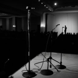 description: a black and white image of a stage with a microphone stand, surrounded by a dimly lit audience.category: congress