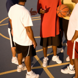 description: an anonymous image depicting a diverse group of individuals engaged in a heated discussion, expressing their differing opinions on a basketball court.
