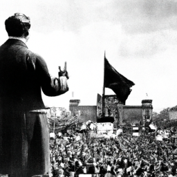 description: An anonymous picture of a politician addressing a large crowd in a public square, with flags and banners in the background.