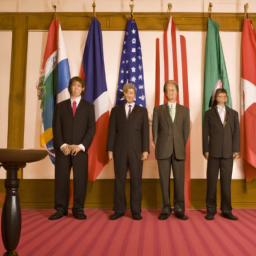 Five people in suits and ties standing in a room with flags in the background.