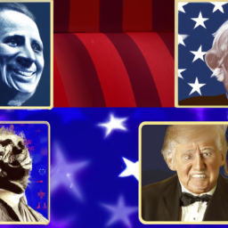 A collage with four images, each depicting a different president, all set against a star-spangled background.