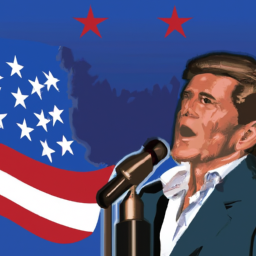 an image of ronald reagan giving a speech, with an american flag in the background.