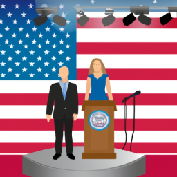 A man and a woman standing in front of a podium with microphones, in front of a crowd of people, with a large American flag hanging above them.