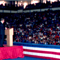 description: a man in a blue suit and red tie stands at a podium, speaking to a crowd of supporters. the background is blurred, but it appears to be a large indoor event with a stage and american flags in the background.
