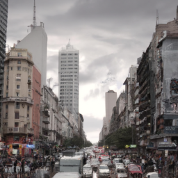 description: an image of a crowded street in buenos aires, with people walking and cars driving. the buildings in the background are tall and modern, with signs in spanish. the sky is cloudy, and the street is wet from recent rain. the image conveys a sense of busyness and activity, but also hints at the challenges facing argentina's urban areas, such as traffic congestion and pollution.