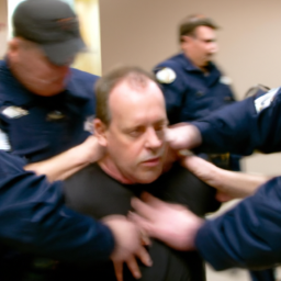 description (anonymous): an image shows a man being taken into custody by law enforcement officers. the man's face is blurred for anonymity, but he appears to be middle-aged with short hair. he is wearing a dark-colored shirt and is surrounded by several officers.