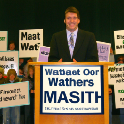 a man in his late 40s stands at a podium, surrounded by supporters holding "wiltshire for mayor" signs. he is wearing a suit and tie and appears confident as he delivers his announcement speech. behind him is a backdrop with the words "matt wiltshire for mayor" in large letters.