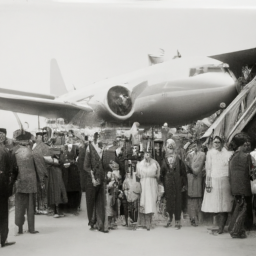 description: an image shows a group of people, including a man and his family, disembarking from a large aircraft. the man is seen in the center, surrounded by his family members. the atmosphere is filled with excitement and anticipation, with people eagerly awaiting the man's arrival.