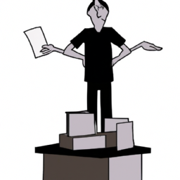 Description: An anonymous illustration of a man standing in front of a podium, with a stack of papers in his hands and a look of confusion on his face, as if he is unsure of what to do next.