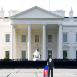 A figure in a white suit stands in front of a large building with a US flag in the background. Category: White House