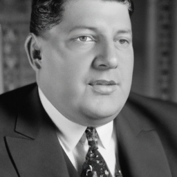 description: a black and white photo of a man with a full head of hair and a stern expression. he is wearing a suit and tie.