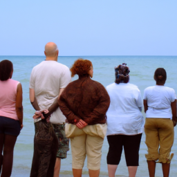 Description: A group of people of different ages and backgrounds standing on the shore of Lake Michigan, looking out at the water.