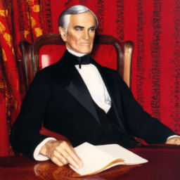 description: A portrait of James K. Polk, the 11th president of the United States. He is wearing a black suit and tie and is seated in front of a red curtain. His right hand is resting on a table, and his left hand is holding a document.