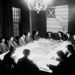 description: an anonymous image showing a group of politicians from the southern democratic party gathered around a table, discussing strategies to uphold states' rights and resist federal government intervention. the room is dimly lit, with maps of the southern states hanging on the walls as a reminder of their focus on regional autonomy.