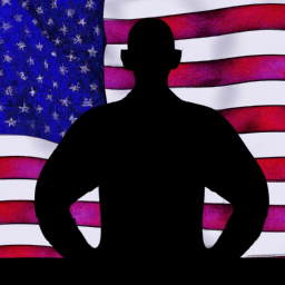 A silhouette of a man standing in front of a flag with the stars and stripes.