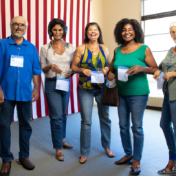 description: a group of diverse individuals standing in a voting line, holding identification cards and ballots. they are dressed casually, representing a cross-section of the population.