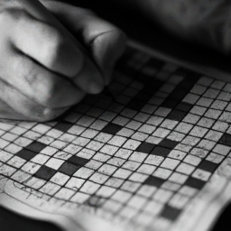 description: a black and white image depicting a person intently solving a crossword puzzle with a pen in hand. the image is anonymous, focusing solely on the hands and the puzzle grid, showcasing the concentration and dedication of the crossword enthusiast.