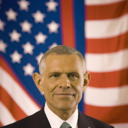 Description: A portrait of the President of the United States with the US flag in the background.