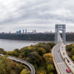 a panoramic view of the george washington bridge parkway as it winds through the city, passing by a variety of landmarks and attractions.