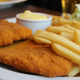 description: an appetizing plate of golden-brown schnitzel served with a side of crispy fries and a dollop of tangy mustard sauce.