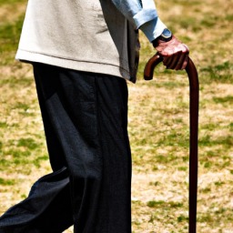description: an anonymous image of a senior citizen walking with a cane.
