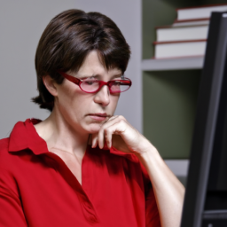description: A woman with dark hair and glasses, wearing a red shirt and sitting in front of a computer screen. She looks engrossed in what she's reading.