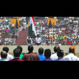description: an anonymous image shows a group of indian politicians engaging in a political rally. the image portrays a diverse crowd, with individuals listening attentively to the speaker on a stage. flags and banners representing different political parties can be seen in the background.