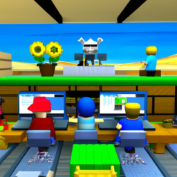 description: a group of children playing roblox on their computers, with colorful gaming characters and virtual items displayed on the screen.