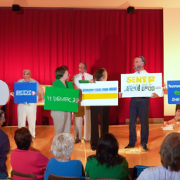 description: a group of people gathered in a community center, holding signs and listening to a speaker at a local political event.
