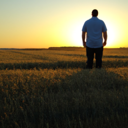 Description: A man standing in a field of wheat with the sun setting in the background, looking out into the horizon.