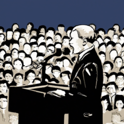 description: an anonymous image depicting the vice president delivering a speech at a podium, surrounded by a diverse crowd. the image captures the vice president's charisma and engagement with the audience.