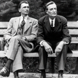 description: a black and white photo of two men sitting on a bench, one older and one younger, with their arms crossed and looking off into the distance.