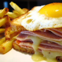 description: a mouth-watering image shows a perfectly grilled sandwich with layers of melted cheese, ham, and a sunny-side-up egg on top. the sandwich is served on a plate, accompanied by a side of crispy golden fries. the image evokes a sense of comfort and satisfaction, making you crave a bite of this delectable croque madame.