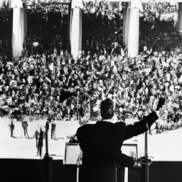 description: a former president is standing at a podium giving a speech, surrounded by a crowd of supporters.