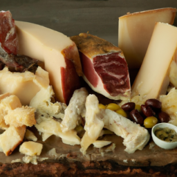 description: A rustic wooden board with a selection of Italian cheeses, including Pecorino Romano and Parmigiano Reggiano, paired with cured meats, olives, and bread.