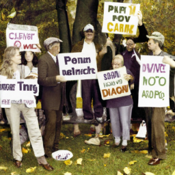 description: a group of people holding signs with the words "change now" and "third party" at a political rally. the rally is taking place in a public park and there are trees and benches in the background. the people in the group are diverse in age, gender, and race. some are wearing political buttons or hats and others are holding american flags. the atmosphere is energetic and passionate.