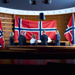 description: an image depicting a group of politicians engaging in a discussion during a parliamentary session. the individuals are dressed in formal attire, and the room is adorned with the national flag of norway.