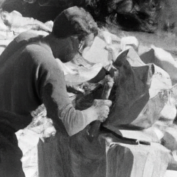 description: an anonymous image showing an artist at work, chiseling away at a large stone sculpture.