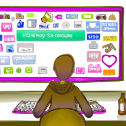 description: an image of a person sitting in front of a computer screen, with various icons and logos of social media, e-commerce, and other platforms displayed on the screen.