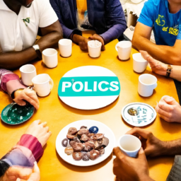 description: an image showing a diverse group of people from different backgrounds and ethnicities gathered around a table, engaged in a lively discussion about politics. they are all wearing badges with the no labels logo.