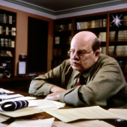 description: an anonymous image shows an elderly man sitting at a desk in a well-decorated office, surrounded by books and papers. he appears focused and engaged in deep thought, portraying a serious and determined demeanor.