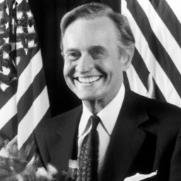 Description: A black and white portrait of George H. W. Bush smiling, wearing a suit and tie. He is standing in front of an American flag.