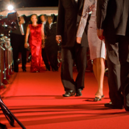 description: a group of people in formal attire walking on a red carpet, with flashing cameras in the background.
