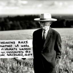 description: a black and white photo of an elderly man in a hat and glasses standing in a field holding a sign that reads "farming without hard work is like a bank account without deposits - worthless." he has a thoughtful expression on his face, and the field stretches out behind him.